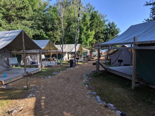 A campsite with several tents along a gravel path, surrounded by trees and a clear blue sky.