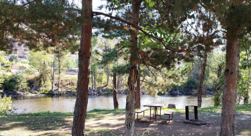 A serene riverside scene with trees, a picnic table, and a calm water view.