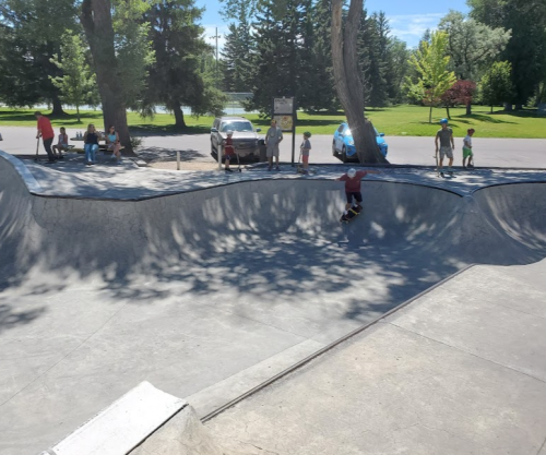 A skateboarder performs tricks in a concrete skatepark surrounded by trees and spectators on a sunny day.