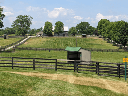 A scenic view of a green pasture with a barn, trees, and a wooden fence under a blue sky with clouds.