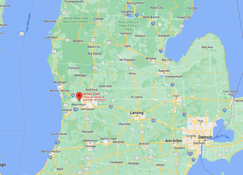 Map of Michigan highlighting the location of Wyoming Park near Grand Rapids, with surrounding cities and landmarks.