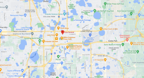 Map of Orlando, Florida, highlighting various locations, roads, and bodies of water in the area.