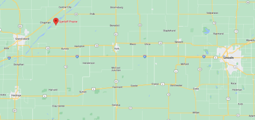 Map showing the area around Chapman's Prairie, near Lincoln, Nebraska, with highways and nearby towns marked.