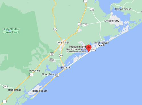 Map showing Topsail Island, North Topsail Beach, and nearby areas, highlighting nesting sea turtles and maritime forests.