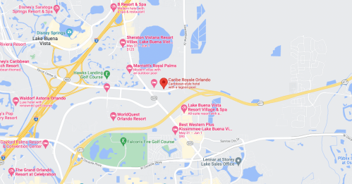 Map of Lake Buena Vista, Orlando, showing various resorts, golf courses, and nearby attractions.