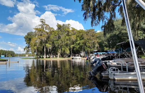 A serene lake scene with boats docked, surrounded by lush trees and a blue sky with fluffy clouds.