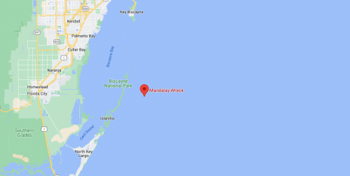 Map showing the location of Mandalay Wreck near Biscayne National Park, Florida, with nearby landmarks labeled.