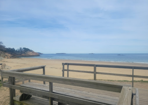 A serene beach view with wooden benches, gentle waves, and distant islands under a cloudy sky.