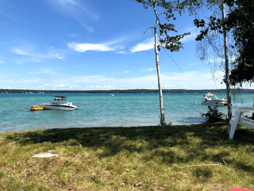 A serene lakeside view with boats on the water, surrounded by green grass and trees under a clear blue sky.