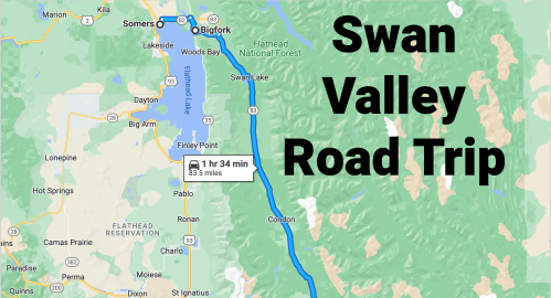 Map showing the route for a Swan Valley road trip, highlighting key locations and distance of 83.5 miles.