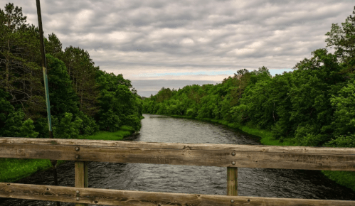 A serene river flows through lush greenery under a cloudy sky, viewed from a wooden bridge.