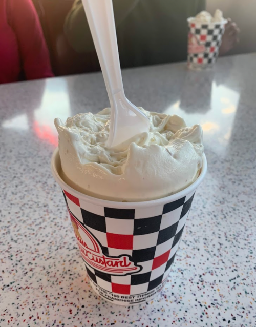 A cup of creamy vanilla custard topped with whipped cream, served in a checkered black and white cup.