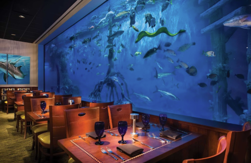 A restaurant interior featuring tables set for dining, with a large aquarium wall displaying various fish and marine life.