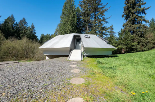A unique, modern house with a sloped roof, surrounded by trees and a gravel pathway leading to the entrance.