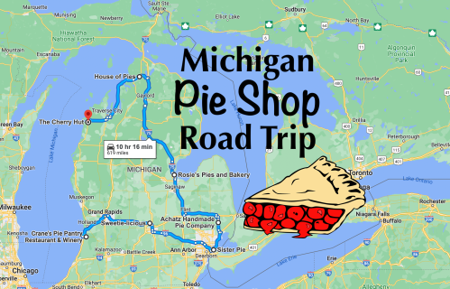 Map of Michigan highlighting a pie shop road trip route, featuring a slice of pie illustration.
