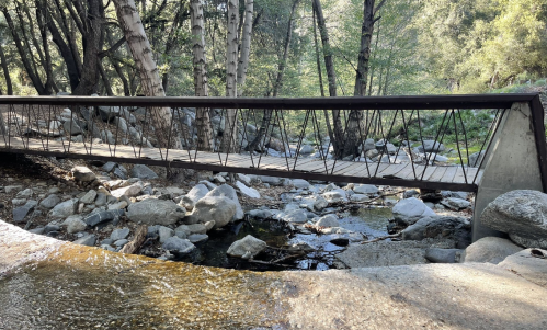 A modern bridge spans a rocky stream, surrounded by trees and greenery in a serene natural setting.