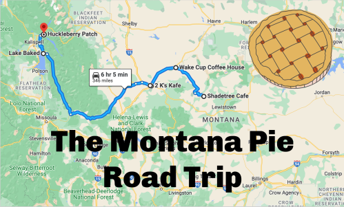 Map of the Montana Pie Road Trip, highlighting stops and a pie graphic in the corner. Total distance: 346 miles.
