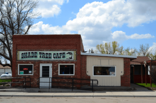 A brick building with a sign reading "Shade Tree Café" and an open sign in the window, under a partly cloudy sky.