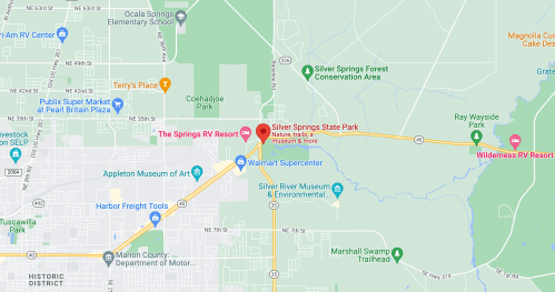 Map showing the location of The Springs RV Resort and nearby attractions, including Silver Springs State Park and Walmart.