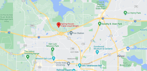 Map showing the location of Spring House, Frank Lloyd Wright, near San Luis Mission Park and other landmarks.