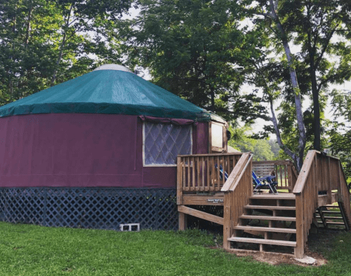 A purple yurt with a green roof, surrounded by trees, featuring a wooden deck and steps leading up to it.