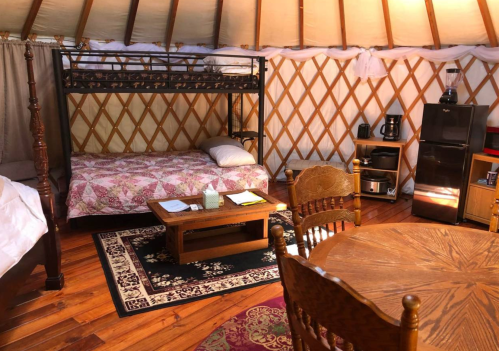 Cozy yurt interior with a bunk bed, a double bed, dining table, kitchenette, and wooden flooring.