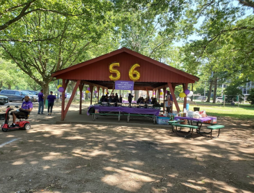 A shaded pavilion with purple decorations and people seated at tables, surrounded by trees in a park setting.