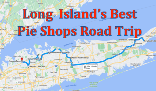 Map highlighting a road trip route for Long Island's best pie shops, with key locations marked along the way.