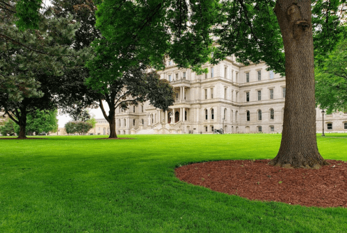 A lush green lawn with trees in front of a grand, historic building.