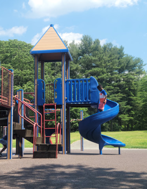 A child climbs a blue slide on a playground with a wooden structure and green trees in the background.