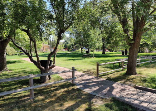 A sunny park scene with green grass, trees, and a wooden fence, featuring a pathway and benches in the background.