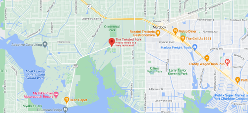 Map showing the location of The Twisted Fork restaurant near parks and other businesses in Port Charlotte, Florida.
