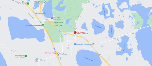 Map showing Pearl Country Store & Barbecue and Delectable Collectables near Lake Wauburg and surrounding areas.