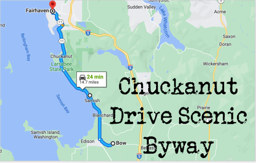 Map showing the route for Chuckanut Drive Scenic Byway from Fairhaven to Bow, highlighting a 24-minute drive.