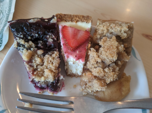 A plate with four slices of different desserts: blueberry, strawberry cheesecake, and two types of crumb-topped pie.