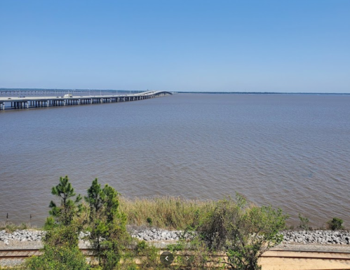 A calm body of water with a long bridge in the distance under a clear blue sky, surrounded by greenery.