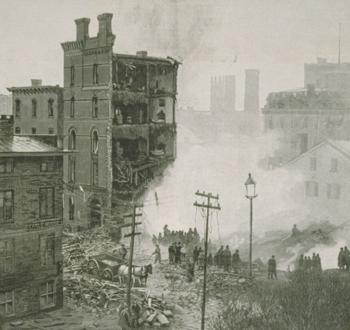 Historic scene of a city after a disaster, featuring damaged buildings, debris, and people surveying the destruction.