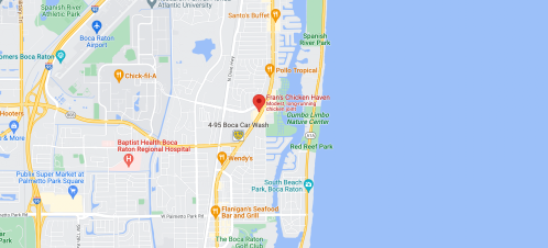 Map showing a coastal area with restaurants, parks, and a car wash near I-95 in Boca Raton, Florida.