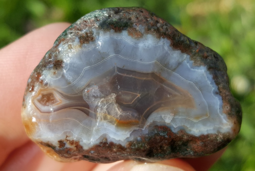 A hand holding a polished agate stone with intricate patterns and a smooth, shiny surface.