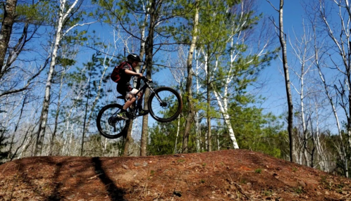 A person on a mountain bike jumps off a dirt ramp in a forested area with trees and blue sky in the background.