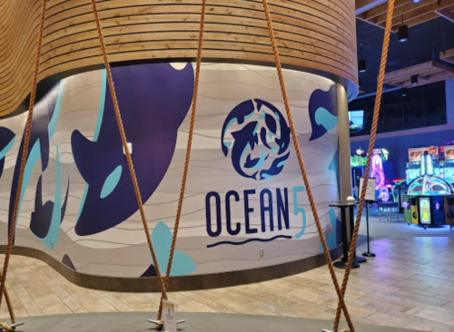 Interior of Ocean5 featuring a colorful wall design with the logo, ropes hanging in the foreground, and arcade games in the background.