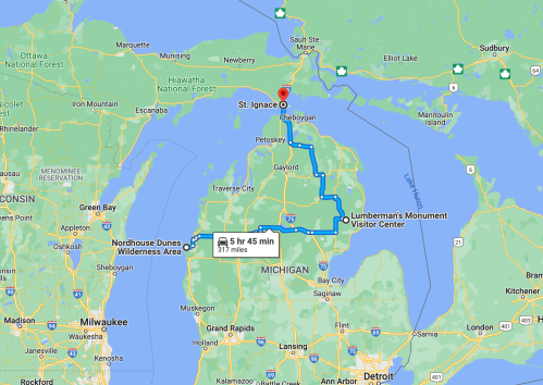 Map showing a route from St. Ignace to Cheboygan, Michigan, covering 371 miles in approximately 5 hours and 45 minutes.