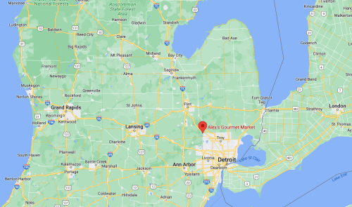Map showing Michigan with a red marker indicating the location of Alex's Gourmet Market near Detroit.