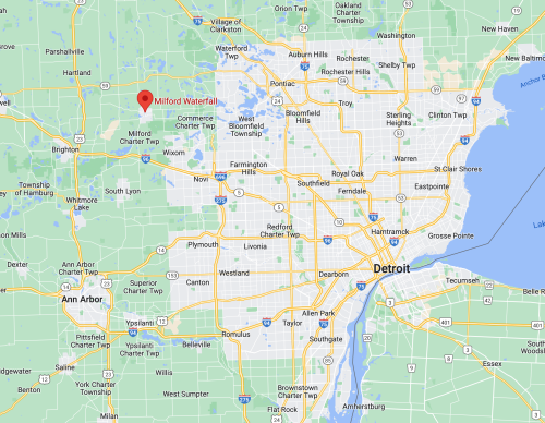 Map showing the location of Milford Waterfall in relation to Detroit and surrounding areas in Michigan.