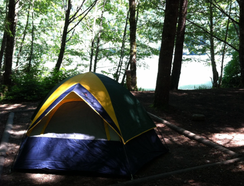 A colorful tent set up in a wooded area near a lake, surrounded by trees and dappled sunlight.