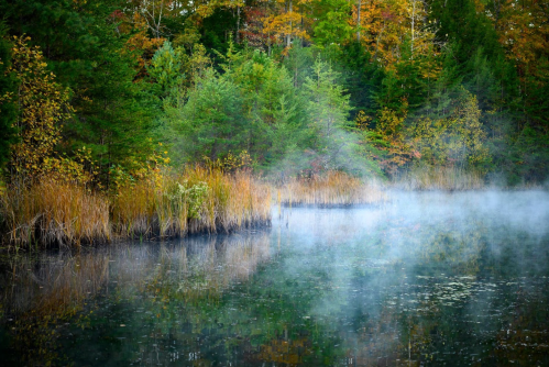 A serene lake surrounded by colorful autumn foliage and mist rising from the water's surface.