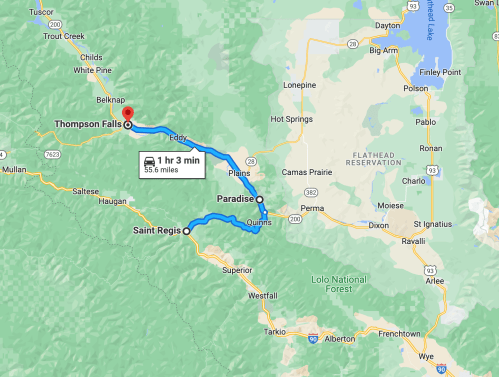 Map showing a route from Thompson Falls to Paradise, Montana, highlighting a distance of 55.6 miles.