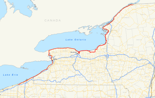 Map showing the northern border of New York State, highlighting Lake Ontario and nearby cities like Rochester.