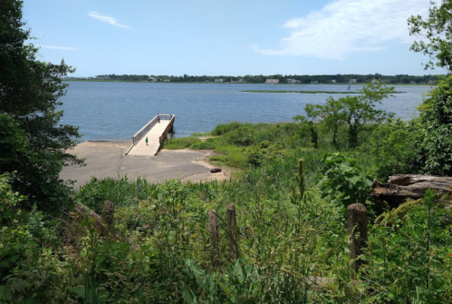 A serene view of a river with a wooden dock, surrounded by lush greenery and a clear blue sky.
