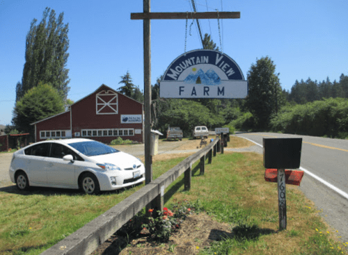 Sign for Mountain View Farm beside a road, with a white car parked nearby and a red barn in the background.